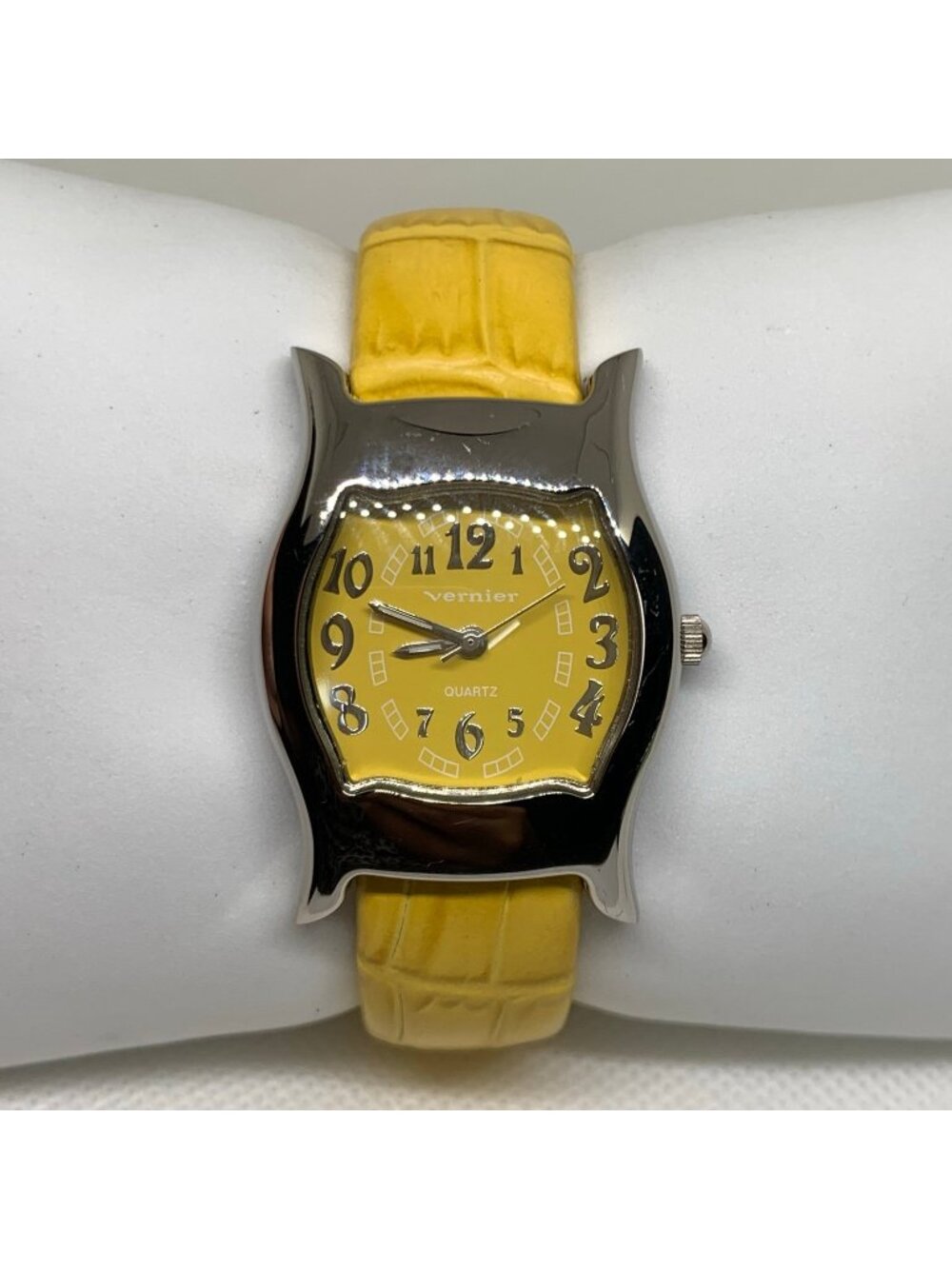 Vernier women’s cuff bracelet watch silver yellow tone 28mm quartz 6.5” running
